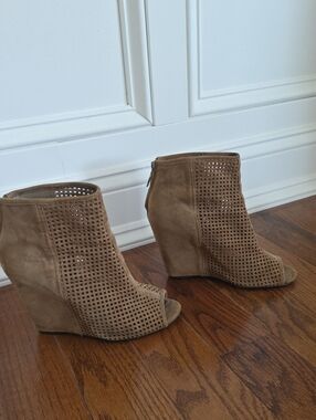 ASH June Taupe Perforated Suede Peep-Toe Wedge Booties